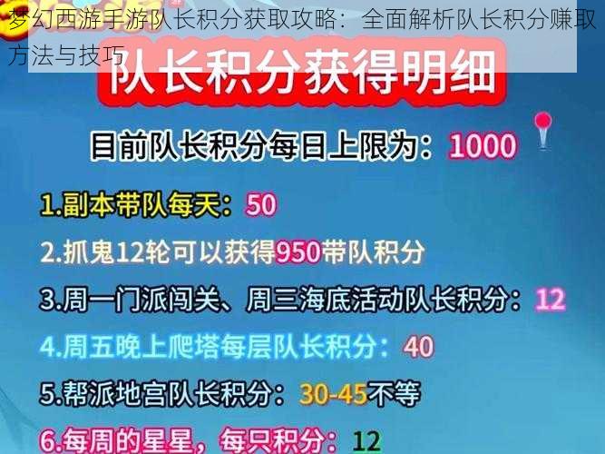 梦幻西游手游队长积分获取攻略：全面解析队长积分赚取方法与技巧