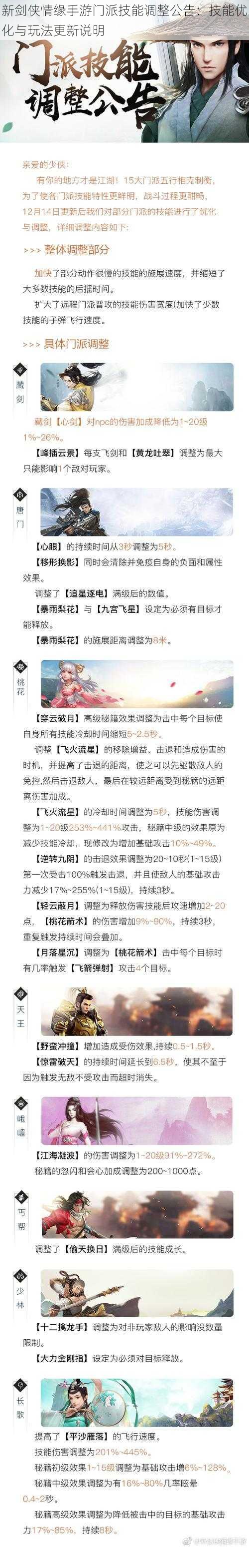 新剑侠情缘手游门派技能调整公告：技能优化与玩法更新说明